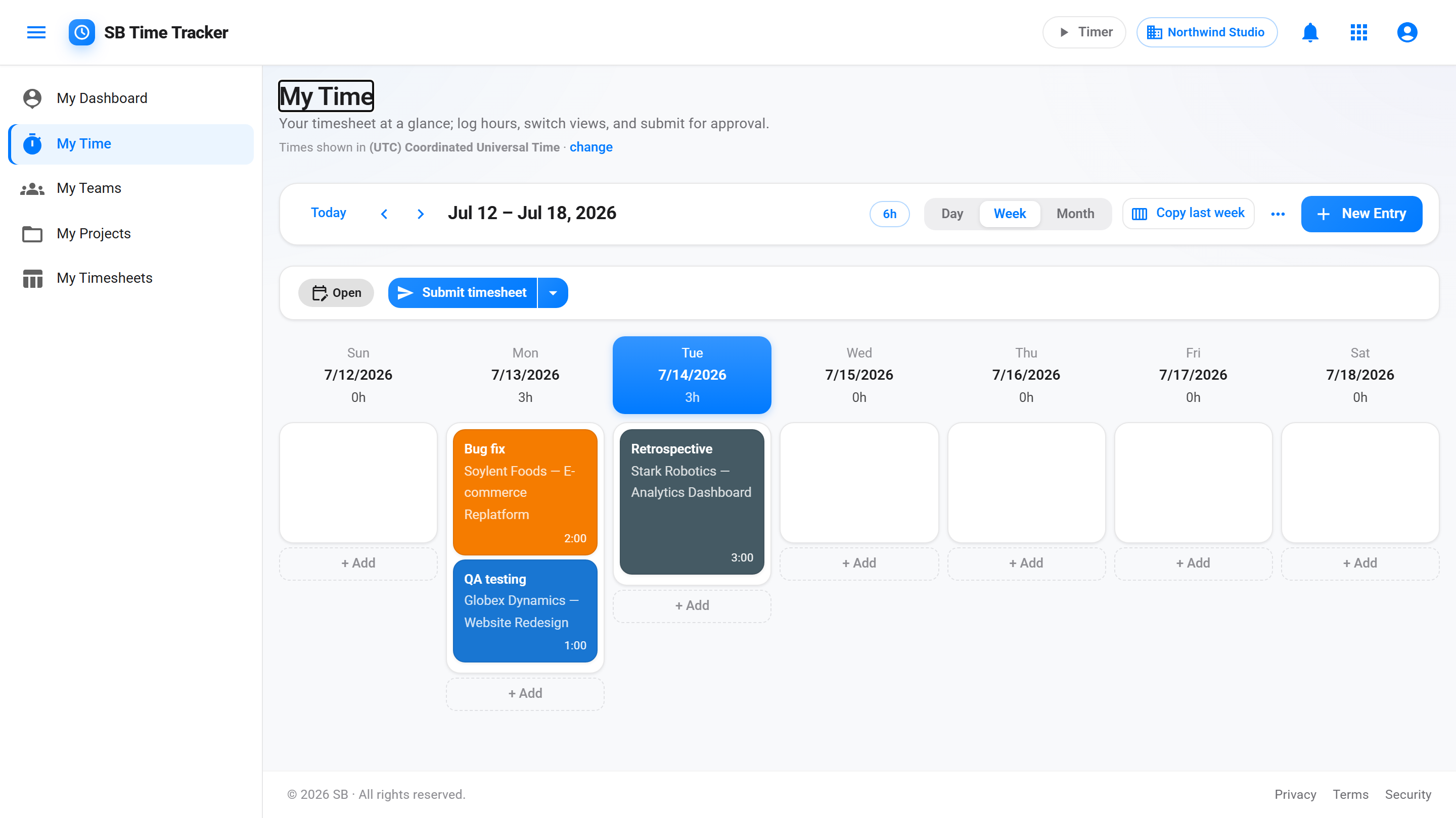 SB Time Tracker — weekly timesheet (My Time)